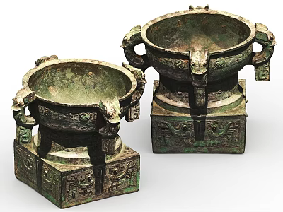 Traditional Ceramic Vessels With Square Bases Intricate Handles And Decorative Patterns 3d model
