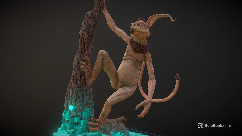 Fantasy Creature Climbing Tree Trunk With Glowing Blue Cubes 3d model