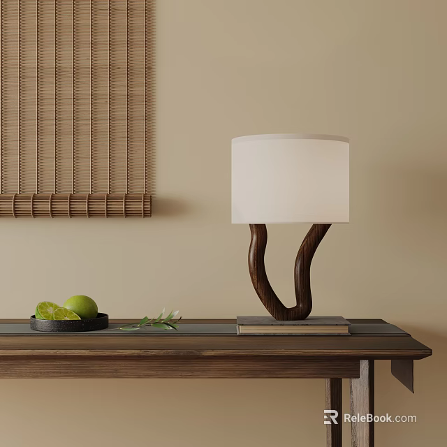 Curved Wooden Base Table Lamp with White Lampshade on Wooden Table near Woven Bamboo Blinds 3d model 