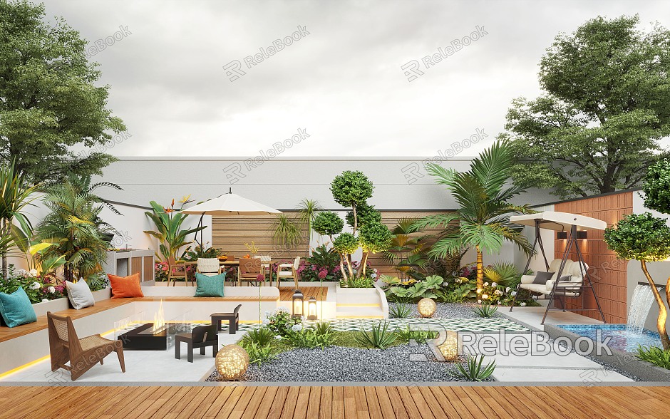 Cream Style Courtyard Landscape Courtyard Landscape Plant Home Courtyard Villa Courtyard Outdoor Sofa Waterscape Waterscape Wall Outdoor Cabinet model