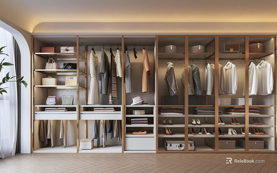 Spacious Modern Closet with Hanging Clothes Folded Garments Storage Boxes and Shoes 3d model 