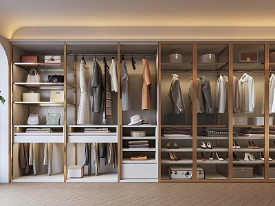 Spacious Modern Closet with Hanging Clothes Folded Garments Storage Boxes and Shoes 3d model