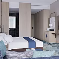 Modern Hotel Guest Room With Wooden Wall White Bed Blue Accent And Patterned Carpet