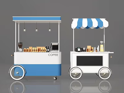 Commercial Mobile Coffee Carts With Blue And White Striped Canopies Equipped For Beverage Serving 3d model