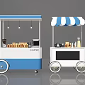 Commercial Mobile Coffee Carts With Blue And White Striped Canopies Equipped For Beverage Serving