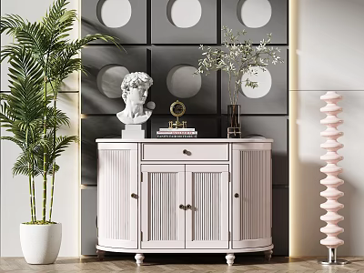 White Modern Console Side Cabinet with Decorative Statue Potted Plant Spiral Ornament and Black Wall 3d model