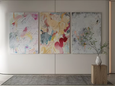 Colorful Abstract Paintings On Wall With Wooden Table Vase And Rug 3d model