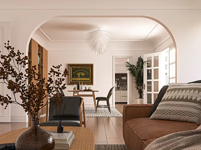 Modern Living Dining Room Interior With Brown Sofa Dining Table And Pendant Light 3d model