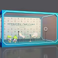 Public Office Space With Blue Frame White Chairs Small Round Table And Cartoon Characters