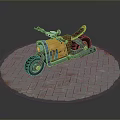 Vibrant Yellow And Blue Motorcycle With Brown Seat On Circular Brick Pavement