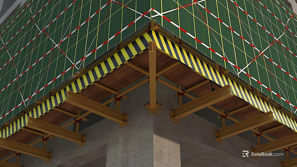 Construction Scaffolding Support Structure With Green Safety Netting And Warning Stripes 3d model 