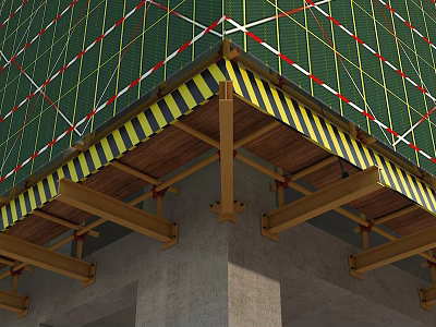 Construction Scaffolding Support Structure With Green Safety Netting And Warning Stripes 3d model