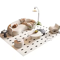 Beige Curved Sofa And Coffee Table Set With Blanket Pillow Checkered Rug And Floor Lamp