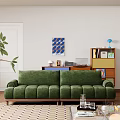 Cozy Green Velvet Two-Seater Sofa With Wooden Legs Blinds And Wall Art In Living Room
