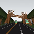 Branch Shaped Wooden Entrance Gate With Mountain Views Trees And Road