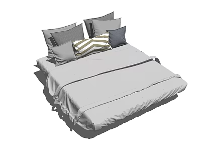 Modern Double Bed With Gray Sheets And Multiple Pillows Including Striped Design 3d model