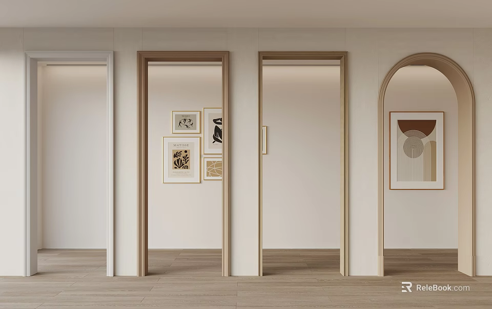 Casement Door Design In Modern Interior With Wooden Frames And Wall Art Decor 3d model 