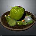 Green Plant Displaying Leaf Purple Flower On Brown Plate With Round Orange Particles Transparent Spheres