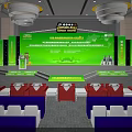 Large Conference Venue With Green Stage Speaker Red White Chairs And Big Screen