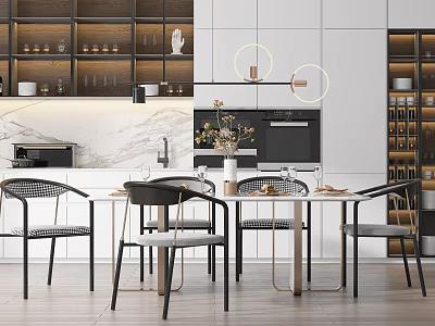 Modern Dining Table Set With Woven Chairs Marble Countertop And Pendant Lights In Kitchen 3d model