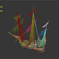 Detailed Wooden Sailing Ship Model With Multiple Masts And Brown Sails On
