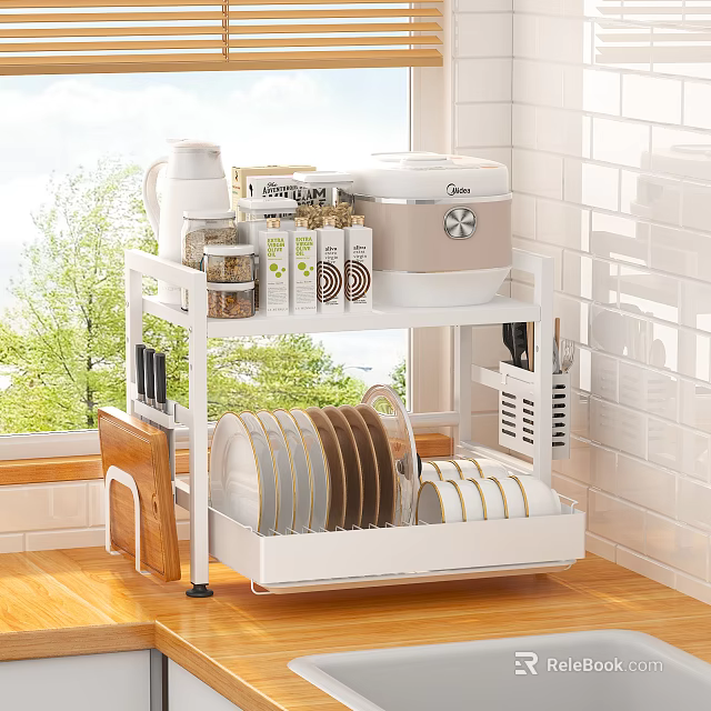 White Bathroom Cabinet Rack With Multi tier Storage For Dishes Cutlery And Containers 3d model 