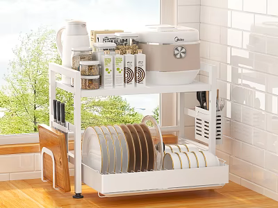 White Bathroom Cabinet Rack With Multi tier Storage For Dishes Cutlery And Containers 3d model
