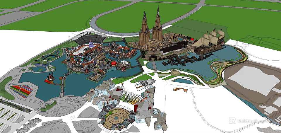 Detailed Theme Park Master Plan With Landmark Towers Water Features And Boats 3d model 