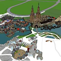 Detailed Theme Park Master Plan With Landmark Towers Water Features And Boats