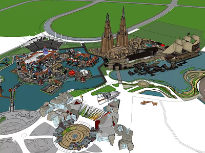 Detailed Theme Park Master Plan With Landmark Towers Water Features And Boats 3d model