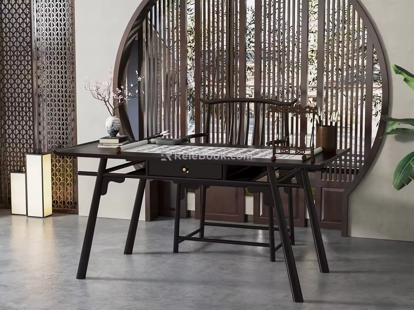 New Chinese Style Desk and Chair Desk and Chair Combination 3d model