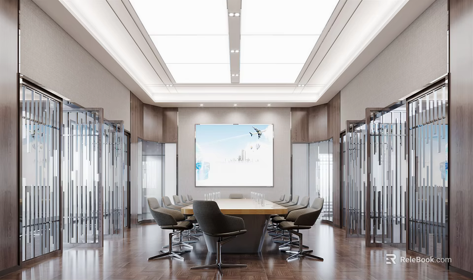 Modern Conference Room Interior With Large Wooden Table Ergonomic Chairs Ceiling Lights And Glass Partitions 3d model 