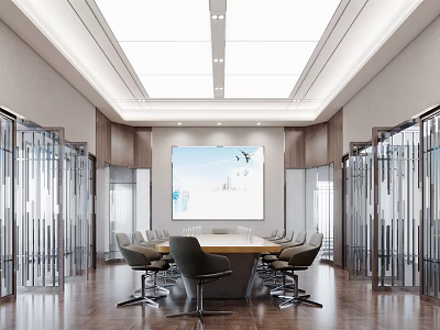 Modern Conference Room Interior With Large Wooden Table Ergonomic Chairs Ceiling Lights And Glass Partitions 3d model