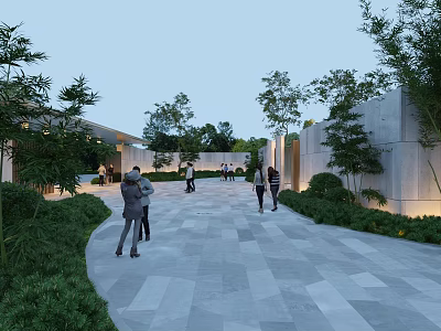 Modern Entrance Gate Surrounded By Greenery Trees And Stone Pavement With People Walking 3d model