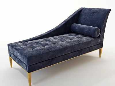 Elegant Blue Velvet Chaise Lounge with Sloped Back Round Cushion and Gold Legs 3d model