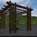 Wooden Garden Pergola Adorned With Red Climbing Vines And Green Plants