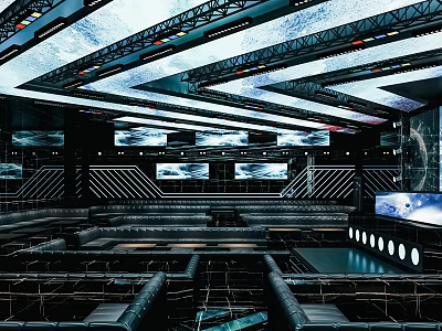 Modern Bar Interior Design With Multiple Screens Ceiling Lighting And Comfortable Seats 3d model