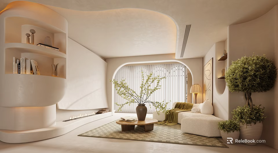 Modern Minimalist Living Room With Curved Design White Walls And Green Plants 3d model 