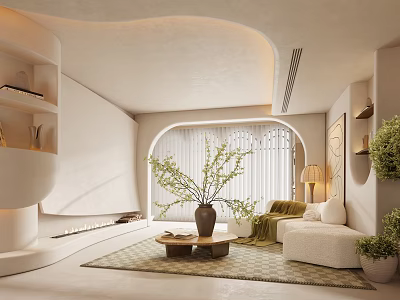 Modern Minimalist Living Room With Curved Design White Walls And Green Plants 3d model