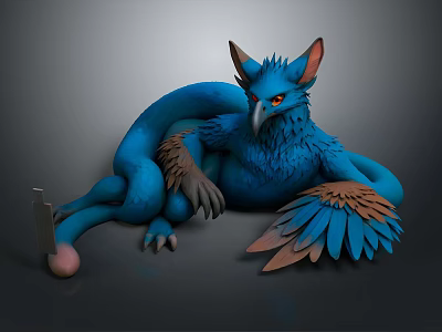 Blue Mythical Creature with Feathered Wings Red Eyes Claws and Long Tail Lying on Dark Background 3d model