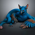 Blue Mythical Creature with Feathered Wings Red Eyes Claws and Long Tail Lying on Dark Background