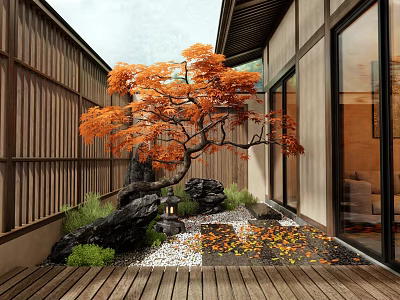 Serene Courtyard Garden With Orange Leaved Tree Rocks Stone Lantern And Wooden Flooring 3d model