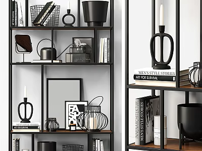 Modern Stylish Bookcase Interior Design With Books Picture Frames And Decorative Items 3d model