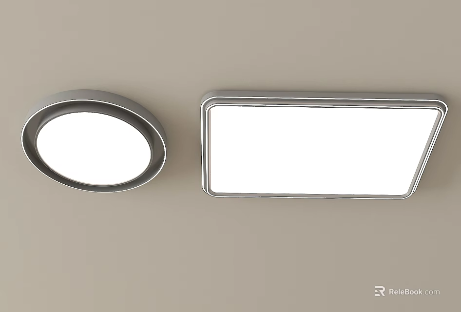 Round And Square Ceiling Lights With White Surface And Silver Frame On Light Colored Ceiling 3d model
