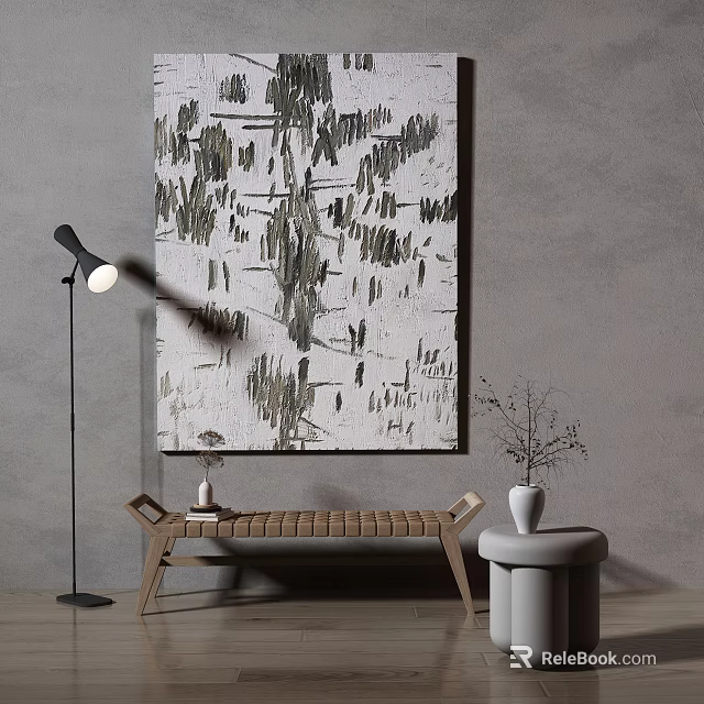 Abstract Art Decor in Modern Interior with Floor Lamp Bench and Vase 3d model 