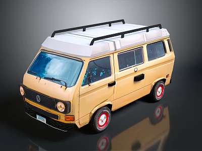 Vintage Yellow Volkswagen Van With White Roof Black Roof Rack And Red Wheels 3d model