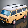 Vintage Yellow Volkswagen Van With White Roof Black Roof Rack And Red Wheels