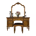 Classic Wooden Dressing Table With Ornate Mirror Flower Vase And Upholstered Stool