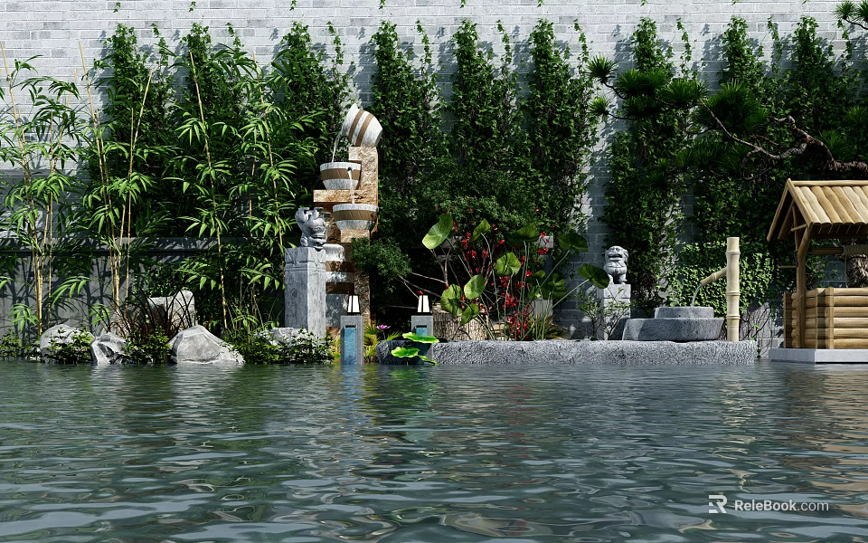 Tranquil Garden Ornaments Featuring Stone Lantern Rockery And Red Blooms By Pond 3d model 