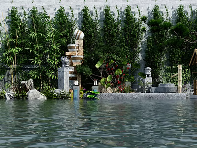 Tranquil Garden Ornaments Featuring Stone Lantern Rockery And Red Blooms By Pond 3d model